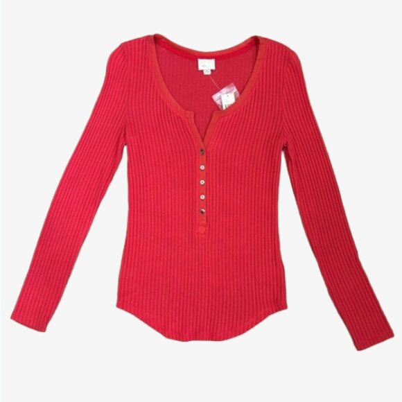 NWT Anthropologie Postage Stamp Red Henley Ribbed Long Sleeve Top Medium - Picture 1 of 10